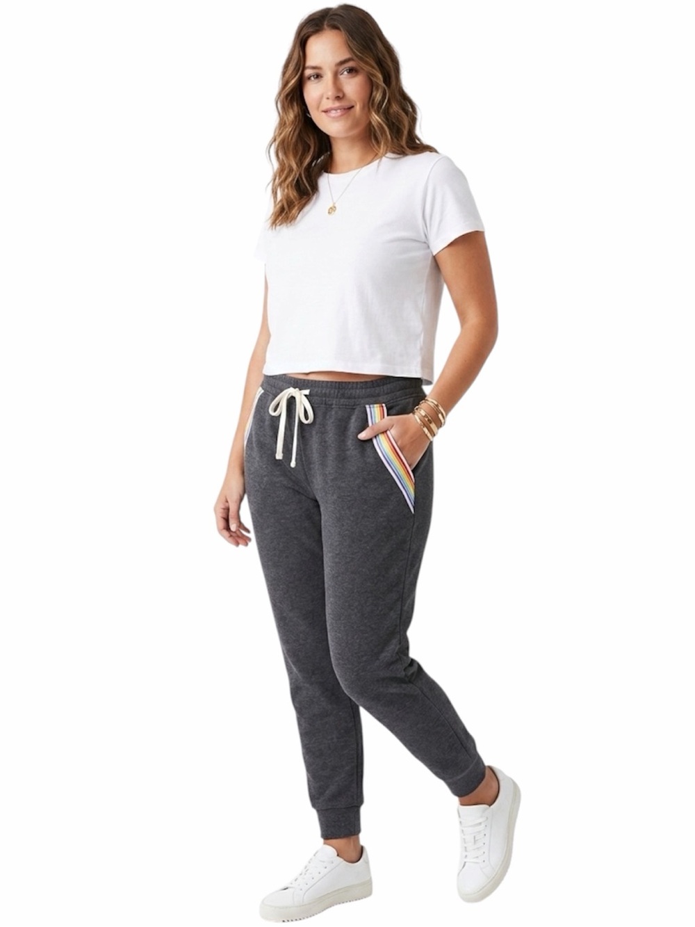 Brooklyn Cloth Gray w/ Rainbow Trim Jogger Sweatpants drawstring waist XL NWT
